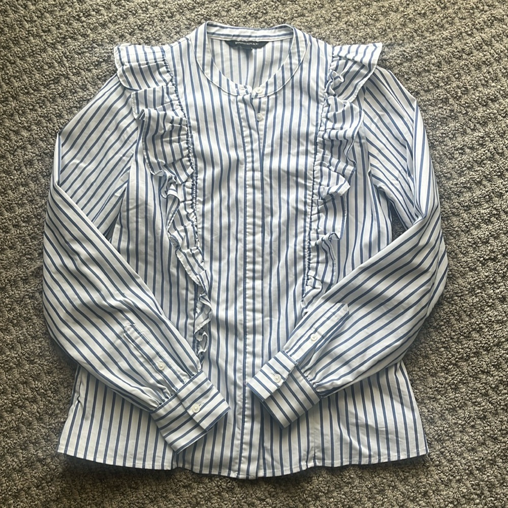 Banana Republic Size 4 Pin Stripe Button Down with Chic Ruffle Detail